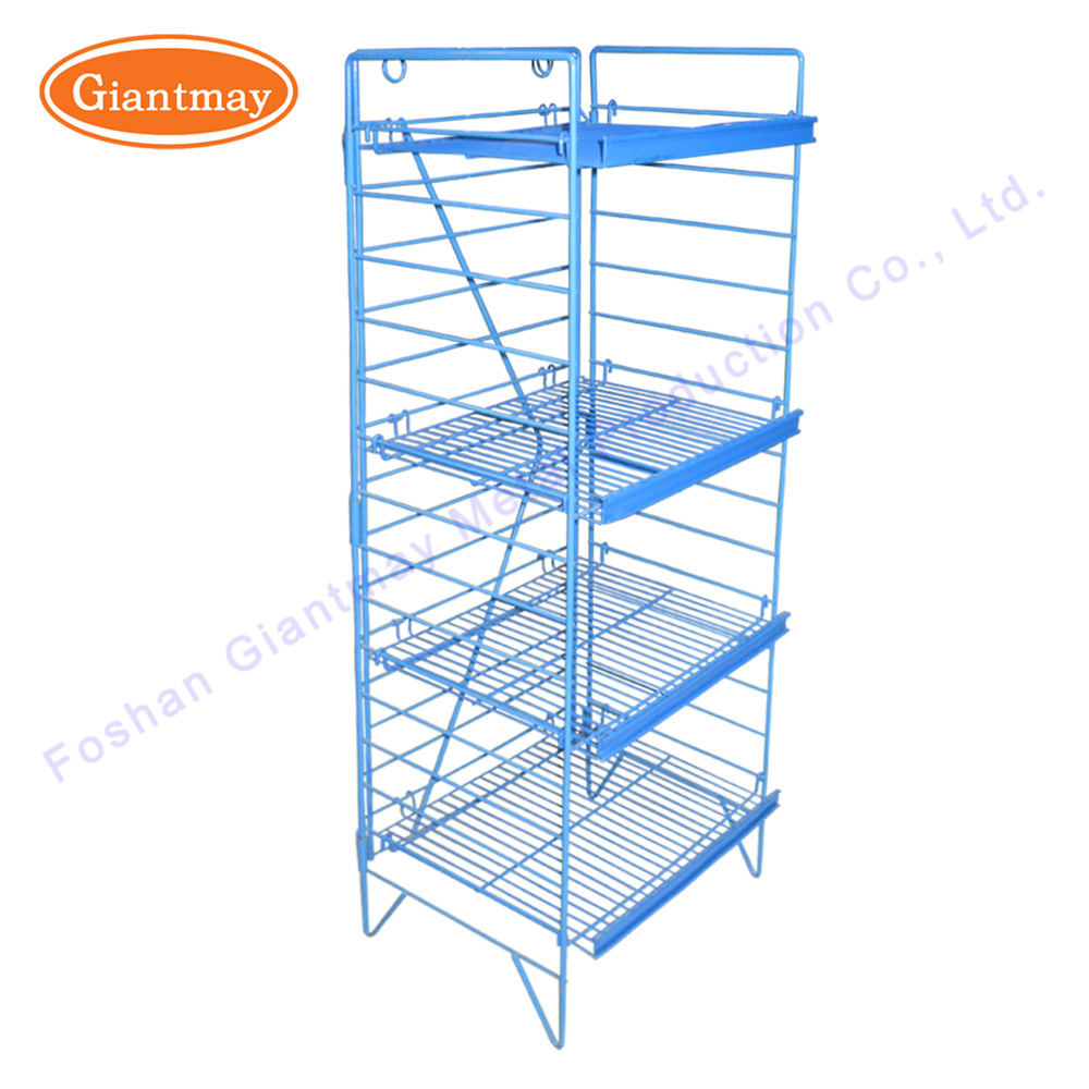 Folding 4 Tiers Cheap Floor Standing Wire Metal Grid Display Shelving Rack