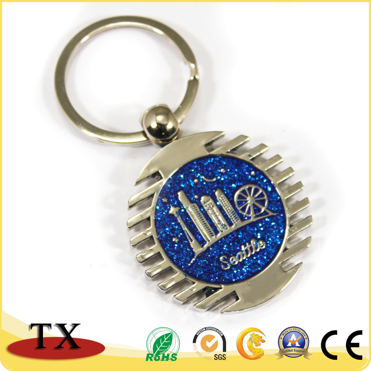 Brilliant Souvenirs Round Shape Metal Key Chain Keying with Glitter