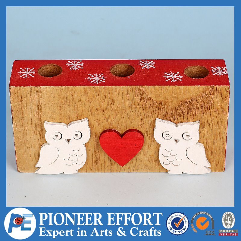 Wooden Christmas Candle Holder with Owl and Heart Design