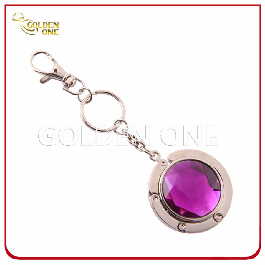 Promotional Gift Folding Round Shape Handbag Hook with Clear Gemstone