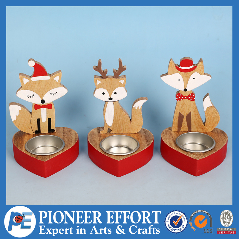 Wooden Cute Fox Design with Metal Candle Holders for Christmas