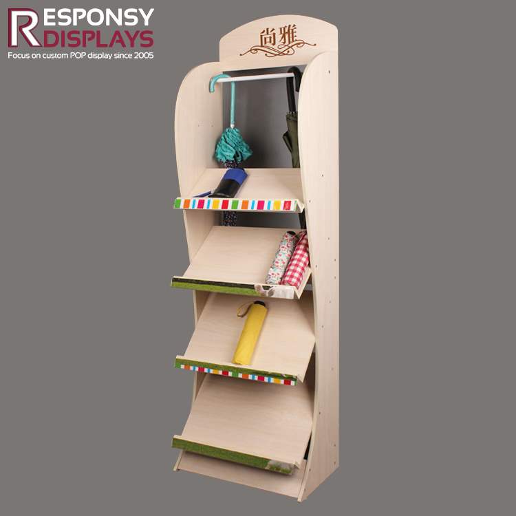 Promotion Customized Four-Tier Floor Wood Umbrella Display Shelf