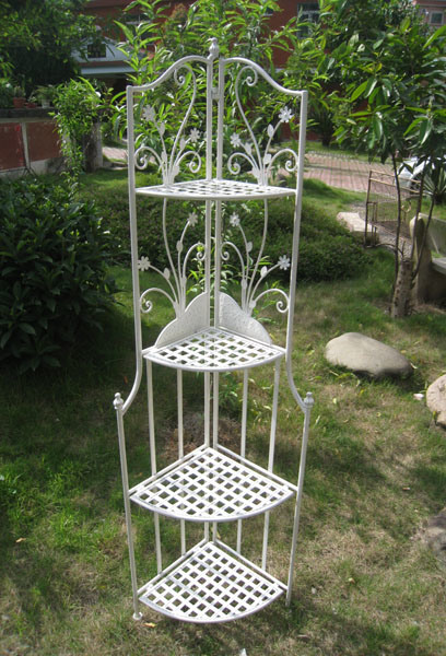 Folding White Wrought Iron Flower Shelf 4-Tier Corner Shelf (PL08-4906)