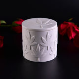 Lidded White Ceramic Candle Holder with Leaves
