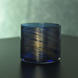 Blue Color Straight Round Swirl Gold Finish Glass Candle Holder