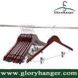 Walnut Finish Solid Wooden Suit Hangers with Anti-Rust Pant Clips