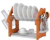 2 Layers Metal Wire Kitchen Dish Rack with Wooden Board H Shape